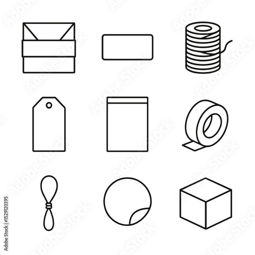 Minimal Packaging Icons. Outline icon set of minimal packaging design: kraft envelope, paper band, twine spool, label tag, clear