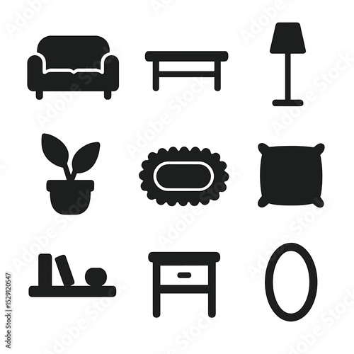 Minimalist Interior Icons. Solid, Filled icon set of minimalist interior: sofa, coffee table, floor lamp, potted plant, rug,
