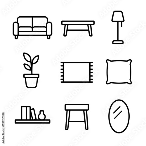 Minimalist Interior Icons. Outline icon set of minimalist interior: sofa, coffee table, floor lamp, potted plant, rug, cushion,