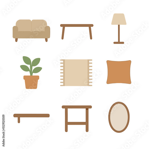 Minimalist Interior Icons. Flat icon set of minimalist interior: sofa, coffee table, floor lamp, potted plant, rug, cushion, wall