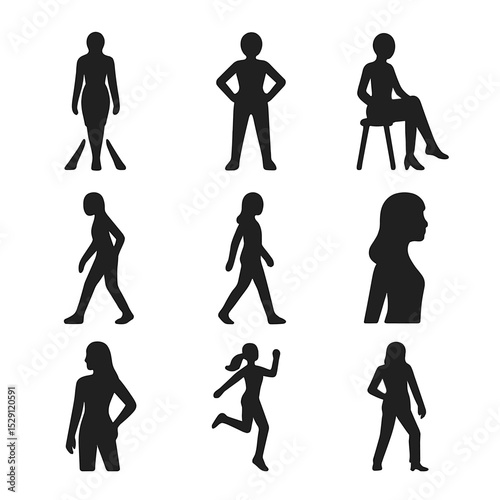 Model Pose Icons. Flat icon set of model poses: runway walk, hands on hips, seated pose, leaning pose, walking silhouette, profile