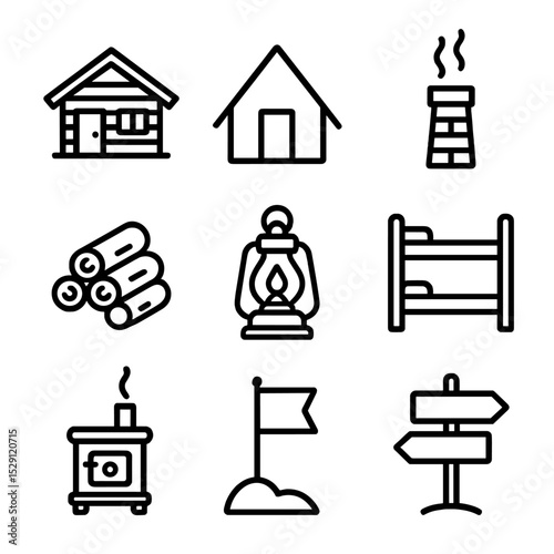 Mountain Hut Icons. Outline icon set of mountain huts and shelters: cabin, hut, chimney, wood pile, lantern, sleeping bunk, stove,