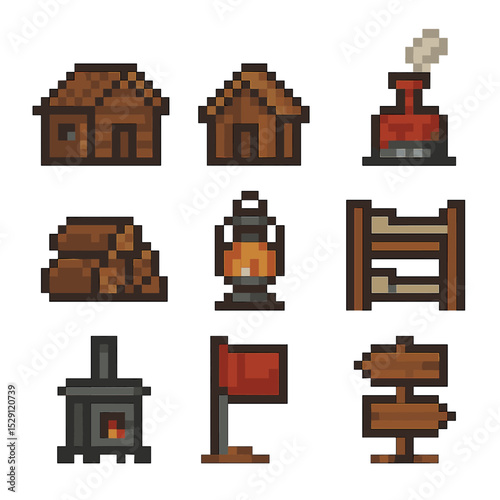 Mountain Hut Icons. Pixel art icon set of mountain huts and shelters: cabin, hut, chimney, wood pile, lantern, sleeping bunk,