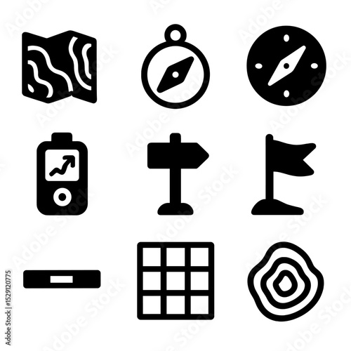 Mountain Navigation Icons. Solid, Filled icon set of mountain navigation tools: topographic map, compass, altimeter, GPS device,