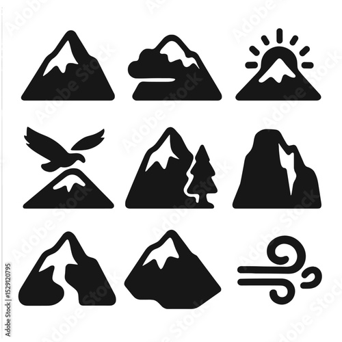 Mountain Peak Icons. Solid, Filled icon set of snowy mountain peak: mountain silhouette, snowcap, clouds, sunrise, eagle, pine