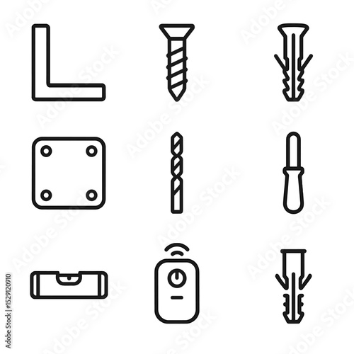 Mounting Hardware Icons. Outline icon set of mounting hardware: wall bracket, screw, anchor, mounting plate, drill bit,