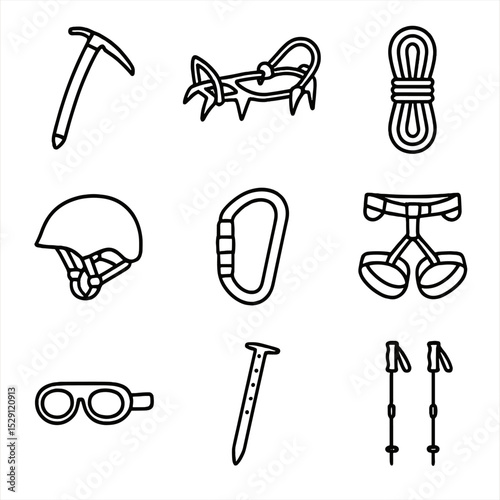Mountaineering Gear Icons. Outline icon set of mountaineering gear: ice axe, crampons, rope, helmet, carabiner, harness, glacier