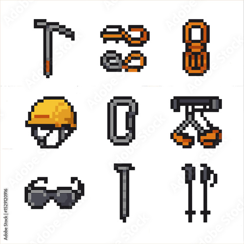Mountaineering Gear Icons. Pixel art icon set of mountaineering gear: ice axe, crampons, rope, helmet, carabiner, harness, glacier