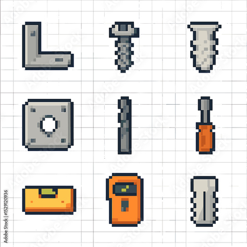 Mounting Hardware Icons. Pixel art icon set of mounting hardware: wall bracket, screw, anchor, mounting plate, drill bit,