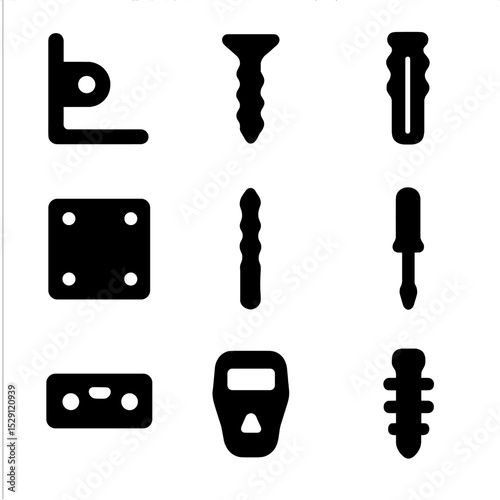 Mounting Hardware Icons. Solid, Filled icon set of mounting hardware: wall bracket, screw, anchor, mounting plate, drill bit,