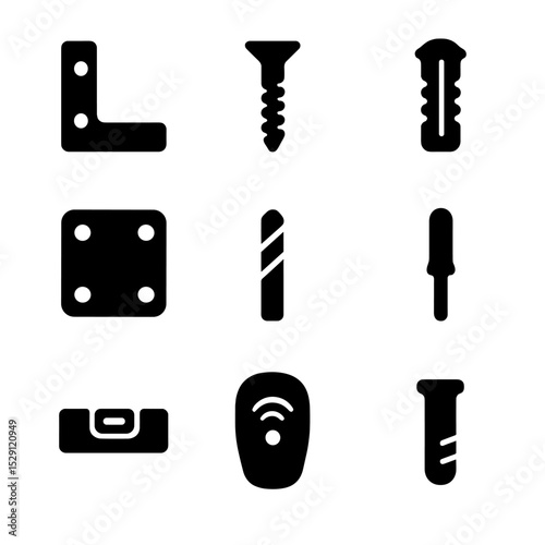 Mounting Hardware Icons. Solid, Filled icon set of mounting hardware: wall bracket, screw, anchor, mounting plate, drill bit,