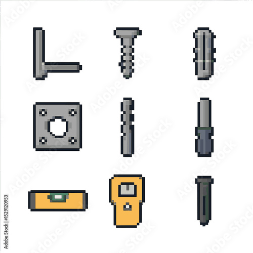 Mounting Hardware Icons. Pixel art icon set of mounting hardware: wall bracket, screw, anchor, mounting plate, drill bit,