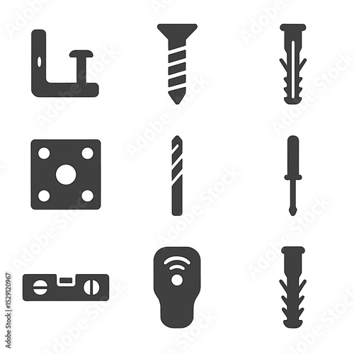 Mounting Tools Icons. Flat icon set of mounting hardware: wall bracket, screw, anchor, mounting plate, drill bit, screwdriver,