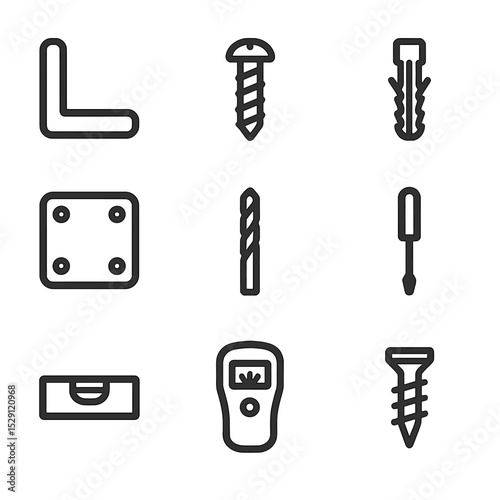 Mounting Tools Icons. Flat icon set of mounting hardware: wall bracket, screw, anchor, mounting plate, drill bit, screwdriver,