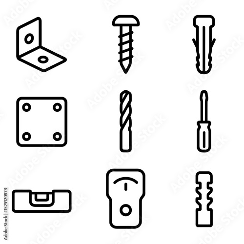 Mounting Hardware Icons. Outline icon set of mounting hardware: wall bracket, screw, anchor, mounting plate, drill bit,