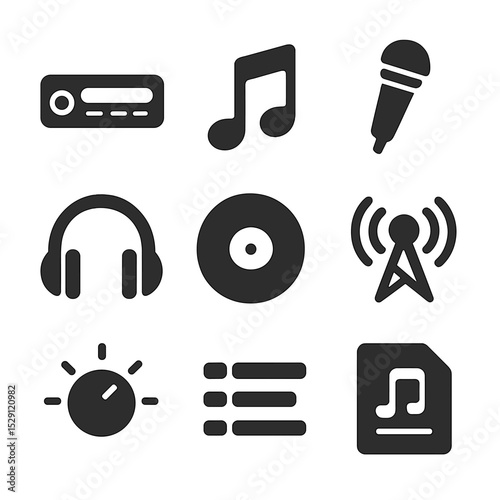 Music Icon Grid. Flat icon set of music and sing-alongs: car stereo, musical note, microphone, headphones, vinyl record, radio