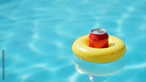 Floating drink holder in pool with can resting on yellow ring  