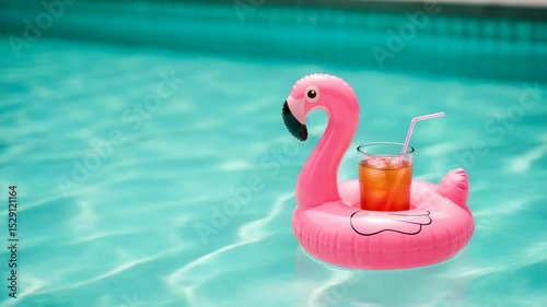 Floating drink holder in pool with glass of iced tea on summer day  