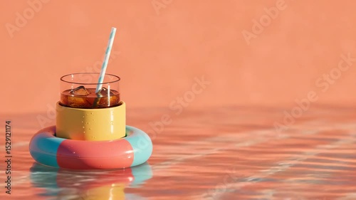 Floating drink holder with glass of beverage in swimming pool  