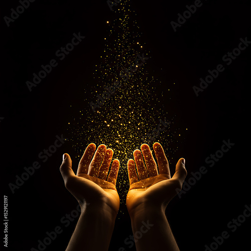 A pair of cupped hands releasing a stream of glowing gold particles. Conceptual image of magic, miracles, hope, prayer, or abundance. Mystical energy and stardust isolated on a dark black background.