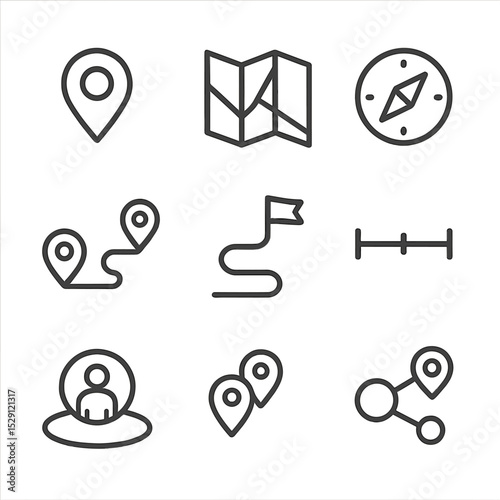 Navigation Tools Icons. Outline icon set of navigation and mapping tools: GPS marker, offline map, compass, route line, waypoint
