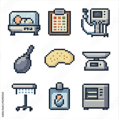 Neonatal Care Icons. Pixel art icon set of neonatal care: incubator, Apgar scoring chart, neonatal ventilator, bulb syringe, heel