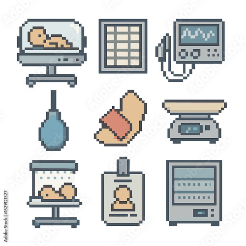 Neonatal Care Icons. Pixel art icon set of neonatal care: incubator, Apgar scoring chart, neonatal ventilator, bulb syringe, heel