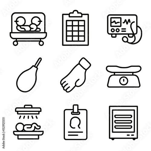 Neonatal Care Icons Grid. Outline icon set of neonatal care: incubator, Apgar scoring chart, neonatal ventilator, bulb syringe,