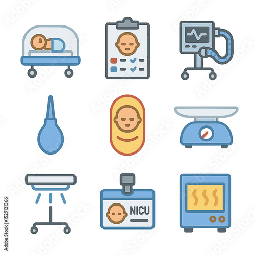 Neonatal Care Icons. Flat icon set of neonatal care: incubator, Apgar scoring chart, neonatal ventilator, bulb syringe, heel