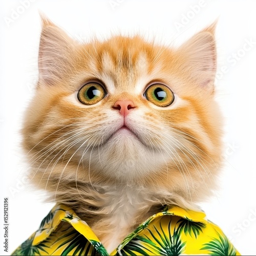 Adorable Orange Kitten in Hawaiian Shirt Close Up Portrait