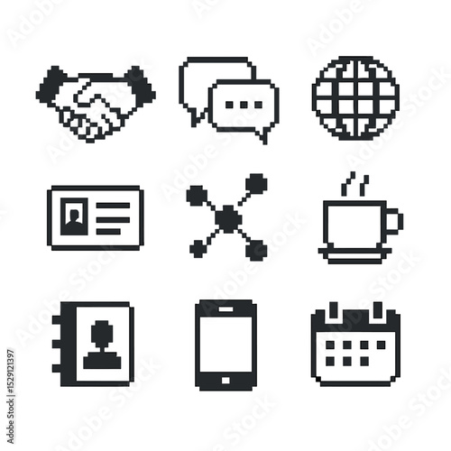 Networking Icon Set. Pixel art icon set of networking strategies: handshake, speech bubbles, business card, globe, connected dots,
