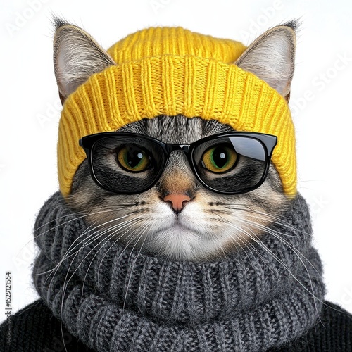 Stylish Grey Tabby Cat in Yellow Beanie and Glasses