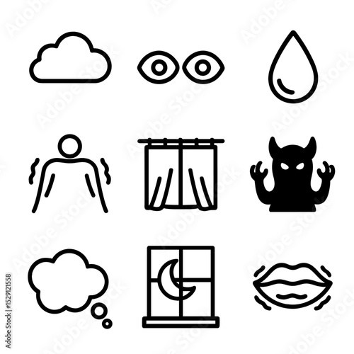 Nightmare Icon Set. Outline icon set of fear and nightmares: dark cloud, wide eyes, sweat drop, shaking blanket, closed curtains,