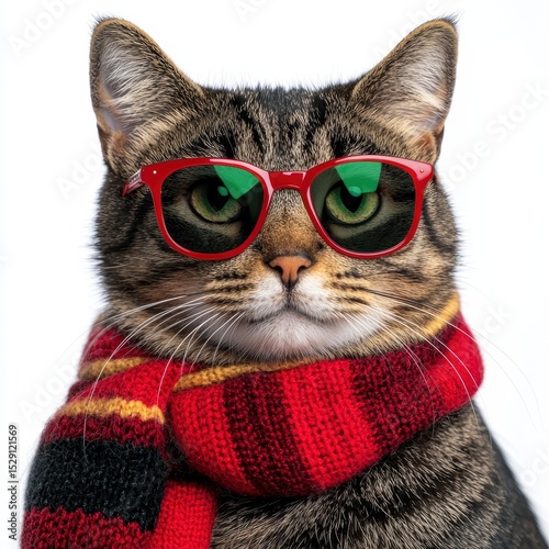 Tabby Cat in Red Sunglasses and Scarf