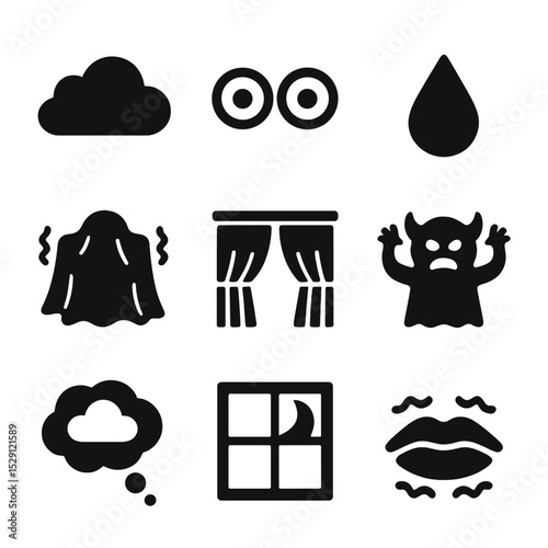 Nightmare Icons Grid. Solid, Filled icon set of fear and nightmares: dark cloud, wide eyes, sweat drop, shaking blanket, closed