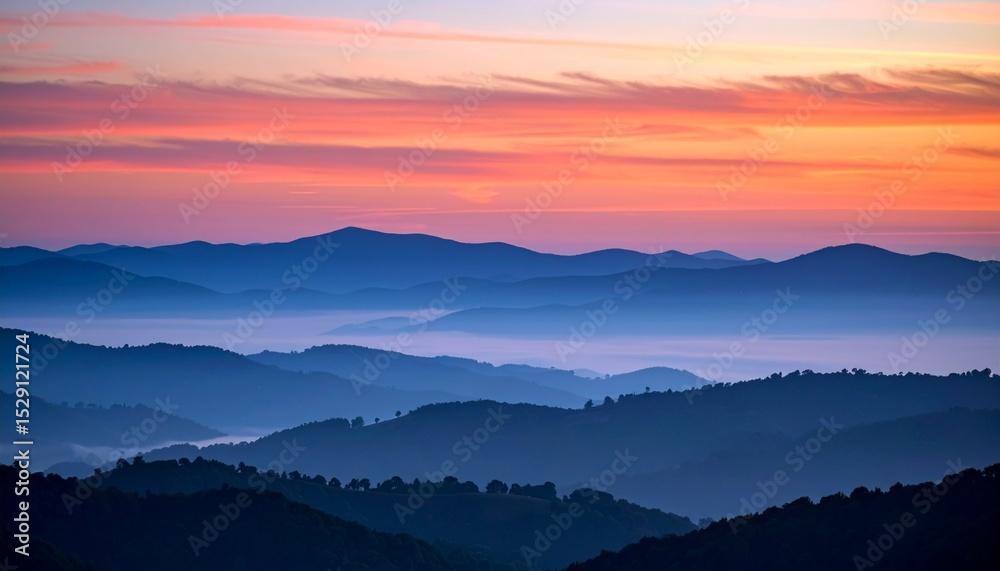 Painted sky with streaks of salmon and sapphire behind layered hills, light fog casting diffused shadows and color wash. Painted sky with streaks of salmon and sapphire behind layered hills, light fog casting diffused shadows and color wash.