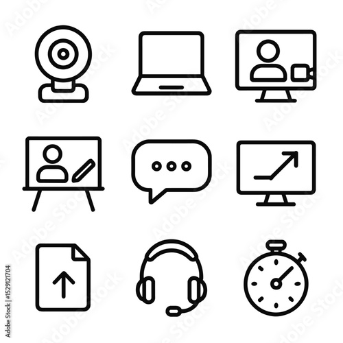 Online Teaching Icons. Outline icon set of online teaching tools: webcam, laptop, video call screen, virtual whiteboard, chat