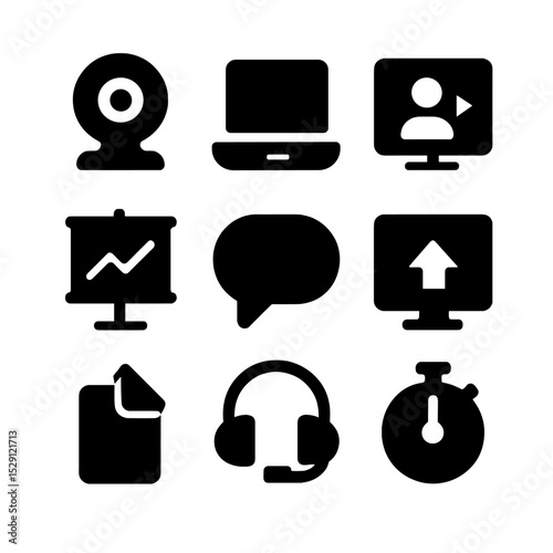 Online Teaching Icons. Solid, Filled icon set of online teaching tools: webcam, laptop, video call screen, virtual whiteboard,