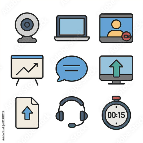 Online Teaching Icons. Flat icon set of online teaching tools: webcam, laptop, video call screen, virtual whiteboard, chat bubble,