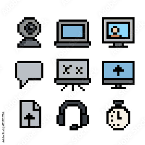 Online Teaching Tools Icons. Pixel art icon set of online teaching tools: webcam, laptop, video call screen, virtual whiteboard,