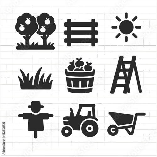 Orchard Icon Set. Solid, Filled icon set of crisp apple orchard scene: tree row, wooden fence, sun, grass, apple basket, ladder,