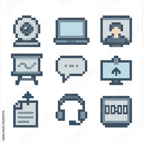 Online Teaching Tools Icons. Pixel art icon set of online teaching tools: webcam, laptop, video call screen, virtual whiteboard,