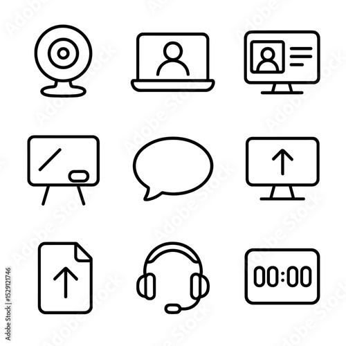 Online Teaching Icons. Outline icon set of online teaching tools: webcam, laptop, video call screen, virtual whiteboard, chat