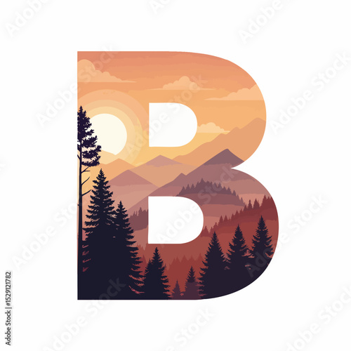 Stylized letter B with mountain sunset scenery and copy space