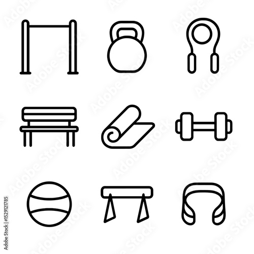 Outdoor Fitness Icons. Outline icon set of outdoor fitness: pull-up bar, kettlebell, skipping rope, park bench, yoga mat, dumbbell