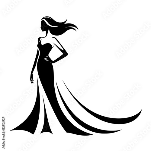 Elegant fashion silhouette of stylish woman, Chic black silhouette illustration of a fashionable woman in a flowing dress and wide-brim hat, exuding grace and glamour.

