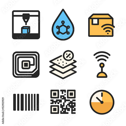 Packaging Innovation Icons. Flat icon set of packaging innovation technologies: 3D printer, nanocoating drop, smart label, RFID