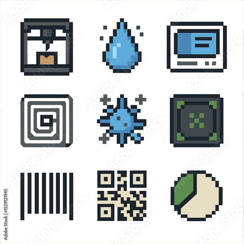 Packaging Innovation Icons. Pixel art icon set of packaging innovation technologies: 3D printer, nanocoating drop, smart label,