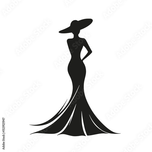 Elegant fashion silhouette of stylish woman, Chic black silhouette illustration of a fashionable woman in a flowing dress and wide-brim hat, exuding grace and glamour.

