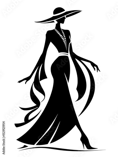 Elegant fashion silhouette of stylish woman, Chic black silhouette illustration of a fashionable woman in a flowing dress and wide-brim hat, exuding grace and glamour.


